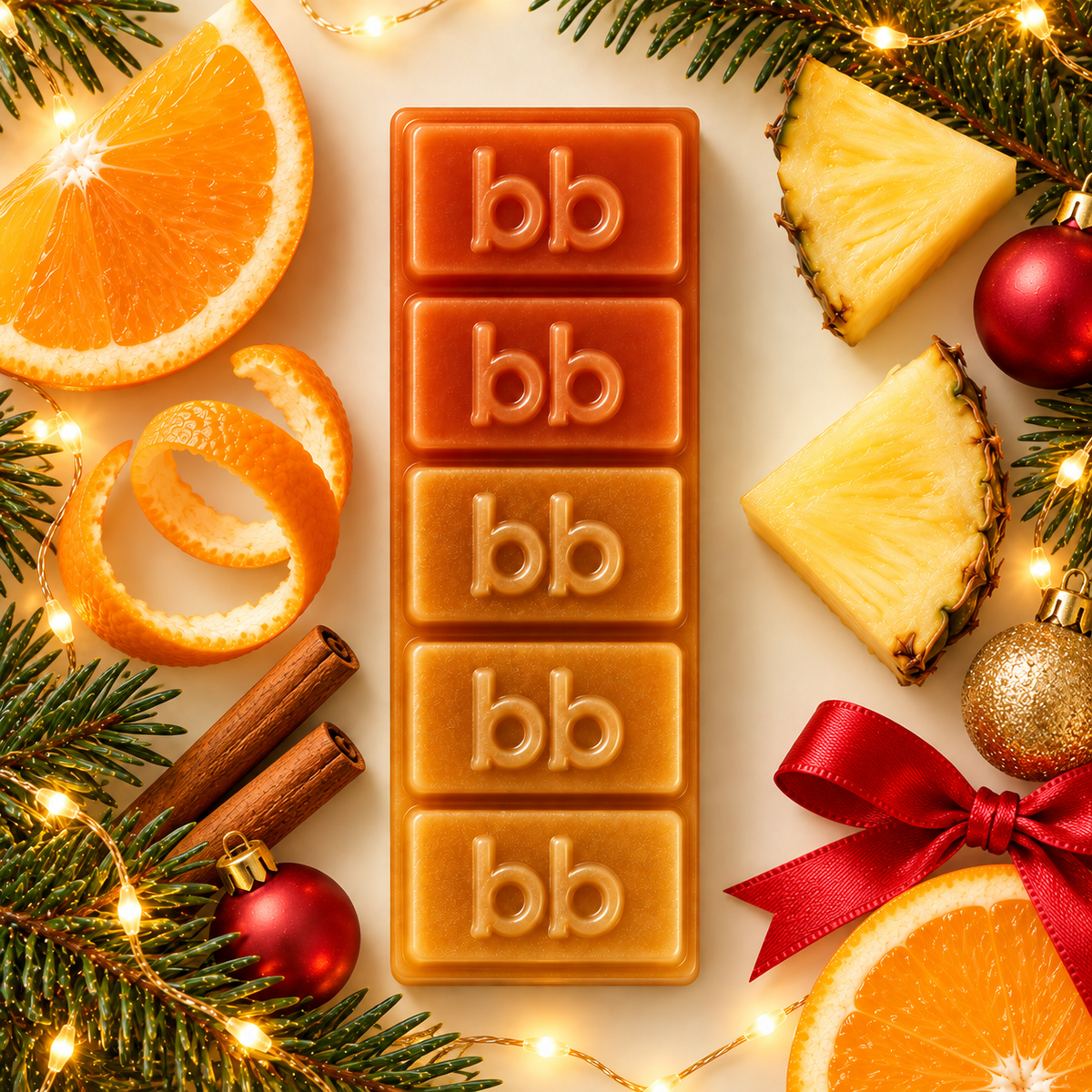Christmas Glow Melts burnt orange to amber soy wax bar with orange slices, pineapple, cinnamon, baubles and festive lights