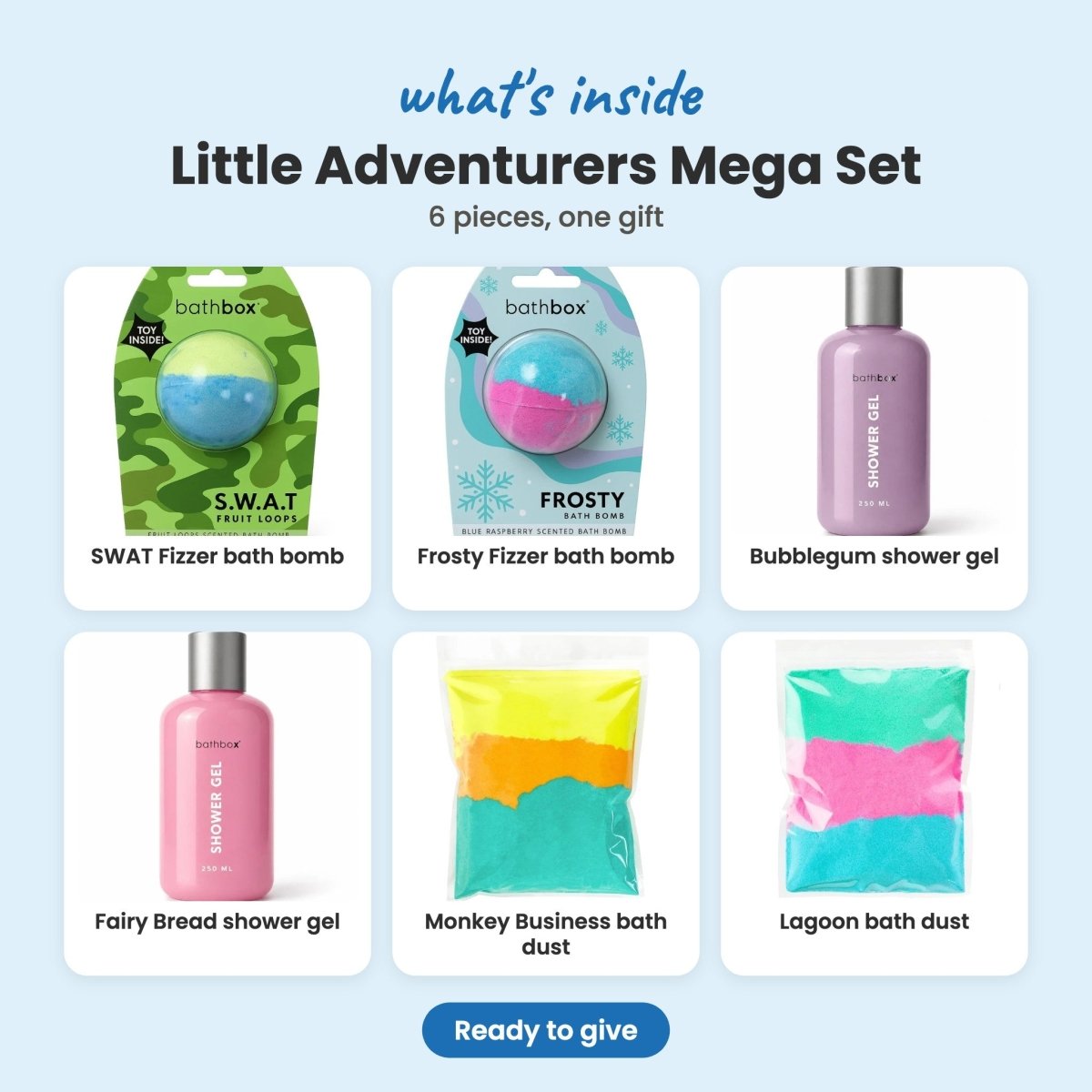 What's inside the Little Adventurers Mega Set: SWAT Fizzer bath bomb, Frosty Fizzer bath bomb, Bubblegum shower gel, Fairy Bread shower gel, Monkey Business bath dust and Lagoon bath dust