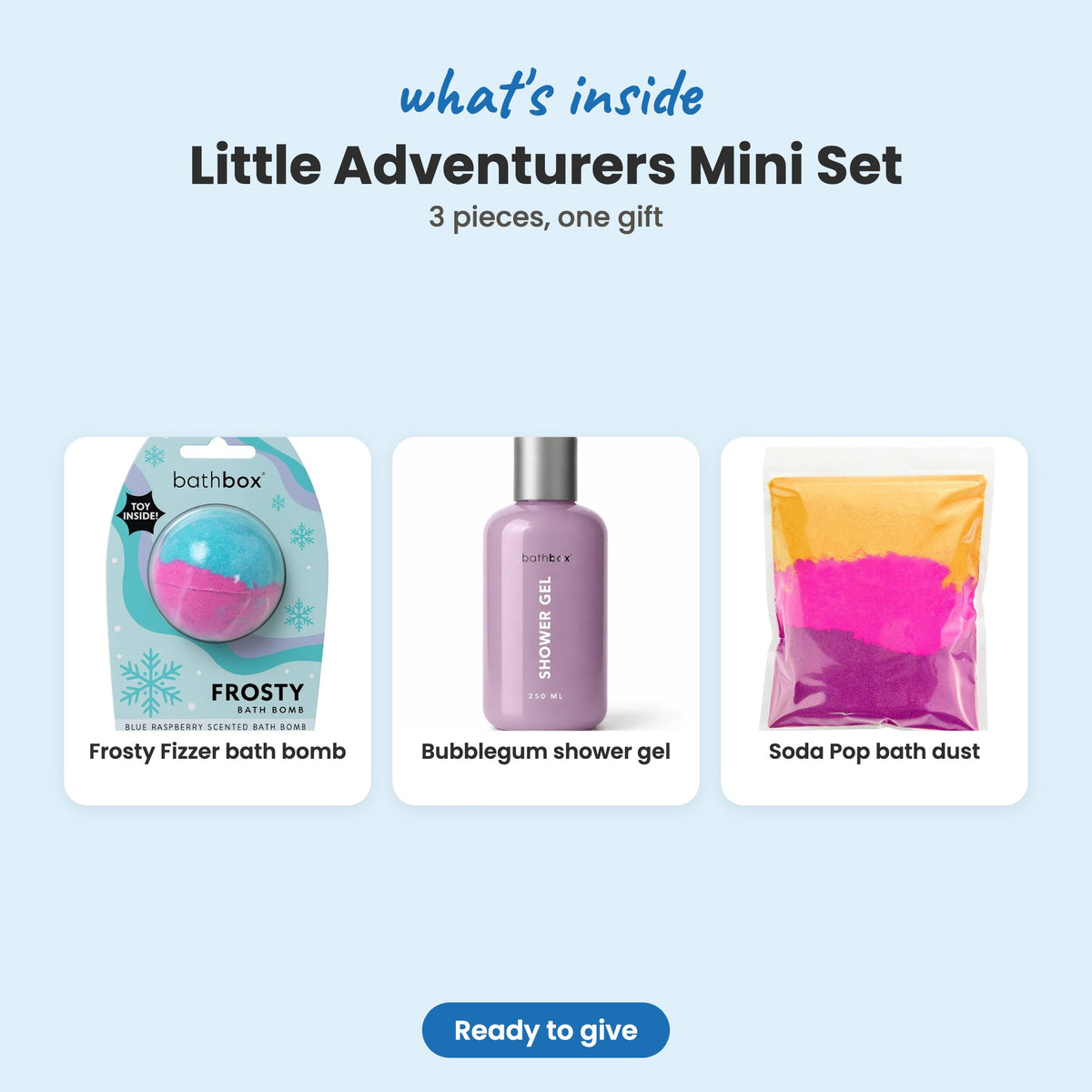 What's inside the Little Adventurers Mini Set: Frosty Fizzer bath bomb, Bubblegum shower gel and Soda Pop bath dust