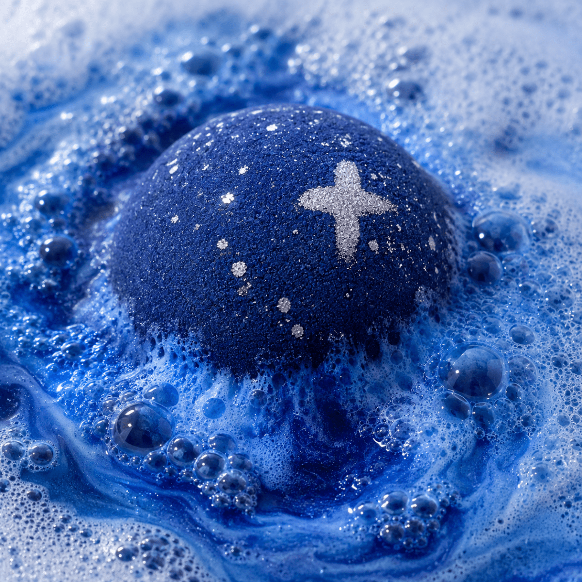 Midnight Calm Crisp Linen Bath Bomb fizzing in water by Bath Box