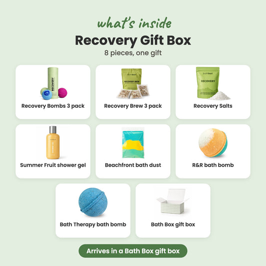 What's inside the Recovery Gift Box: Recovery Bombs 3 pack, Recovery Brew 3 pack, Recovery Salts, Summer Fruit shower gel, Beachfront bath dust, R&R bath bomb, Bath Therapy bath bomb and Bath Box gift box