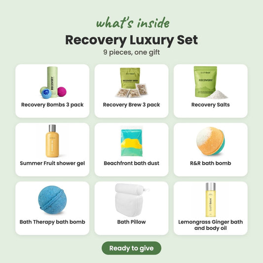 What's inside the Recovery Luxury Set: Recovery Bombs 3 pack, Recovery Brew 3 pack, Recovery Salts, Summer Fruit shower gel, Beachfront bath dust, R&R bath bomb, Bath Therapy bath bomb, Bath Pillow and Lemongrass Ginger bath and body oil