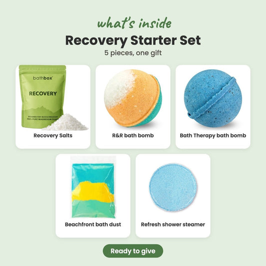 What's inside the Recovery Starter Set: Recovery Salts, R&R bath bomb, Bath Therapy bath bomb, Beachfront bath dust and Refresh shower steamer