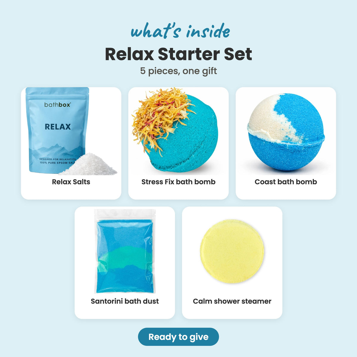 What's inside the Relax Starter Set: Relax Salts, Stress Fix bath bomb, Coast bath bomb, Santorini bath dust and Calm shower steamer