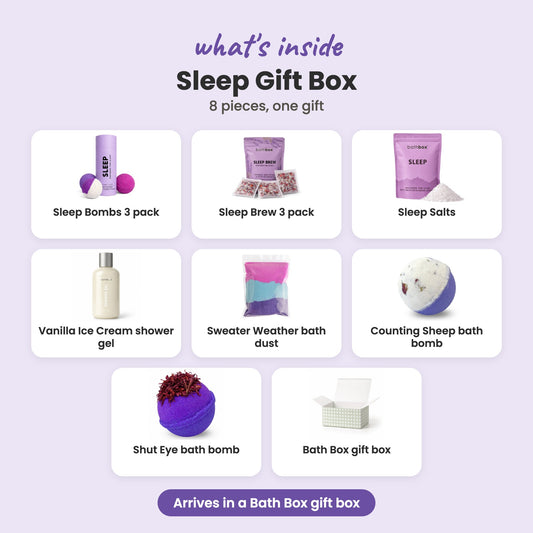 What's inside the Sleep Gift Box: Sleep Bombs 3 pack, Sleep Brew 3 pack, Sleep Salts, Vanilla Ice Cream shower gel, Sweater Weather bath dust, Counting Sheep bath bomb, Shut Eye bath bomb and Bath Box gift box