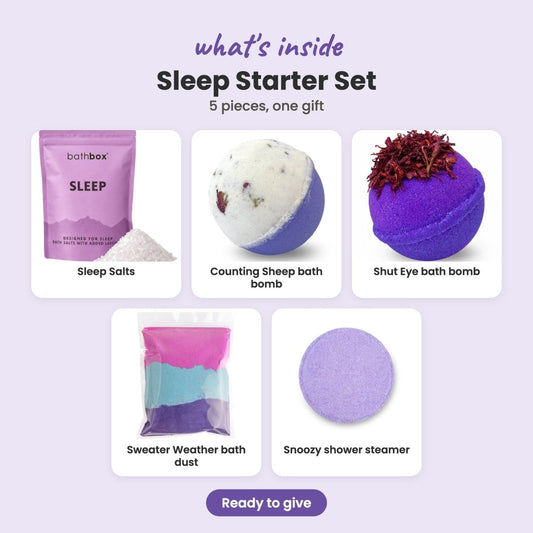 What's inside the Sleep Starter Set: Sleep Salts, Counting Sheep bath bomb, Shut Eye bath bomb, Sweater Weather bath dust and Snoozy shower steamer