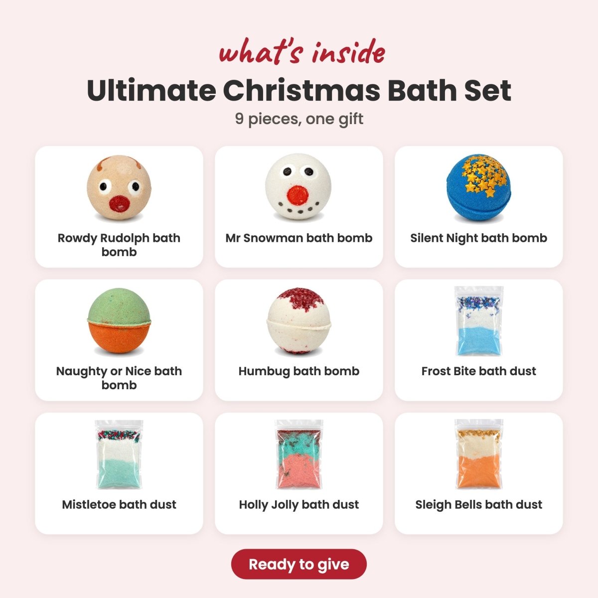 What's inside the Ultimate Christmas Bath Set: five Christmas bath bombs and Frost Bite, Mistletoe, Holly Jolly and Sleigh Bells bath dust