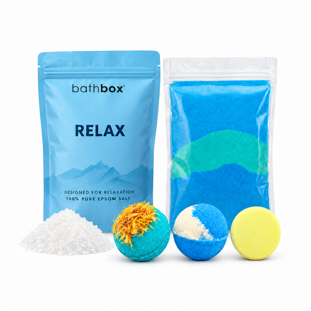 Relax Starter Set with Relax Salts, Stress Fix and Coast bath bombs, Santorini bath dust and Calm shower steamer