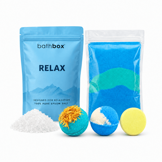 Relax Starter Set with Relax Salts, Stress Fix and Coast bath bombs, Santorini bath dust and Calm shower steamer