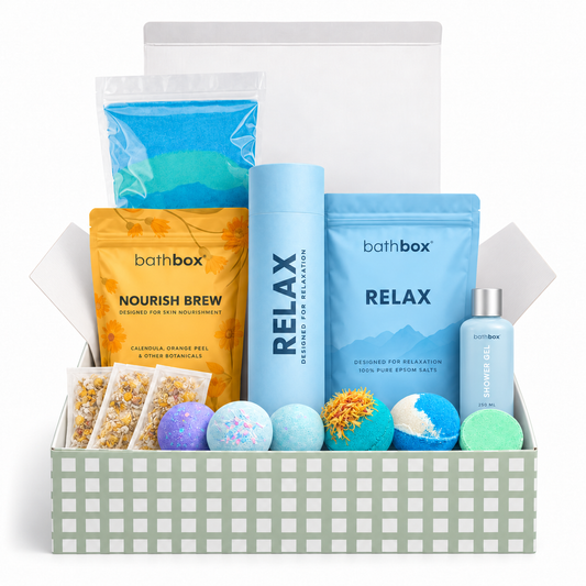 Relax Gift Box in a sage gingham gift box with bath bombs, brew, salts, shower gel, bath dust and shower steamer