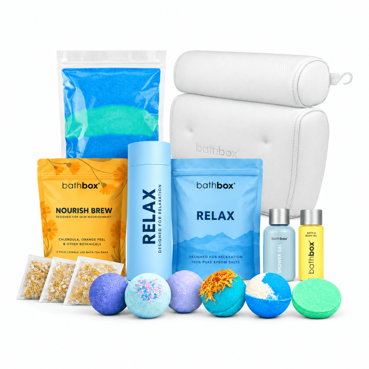 Relax Luxury Set with Bath Pillow, Lavender Dream oil, bath bombs, brew, salts, shower gel, bath dust and steamer