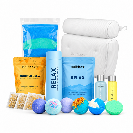 Relax Luxury Set with Bath Pillow, Lavender Dream oil, bath bombs, brew, salts, shower gel, bath dust and steamer
