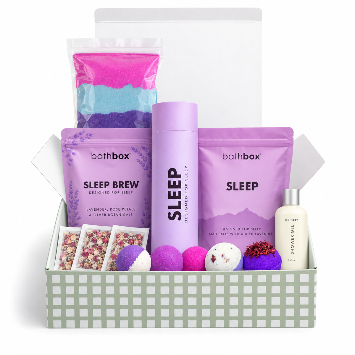 Sleep Gift Box in a sage gingham gift box with bath bombs, brew, salts, shower gel and bath dust