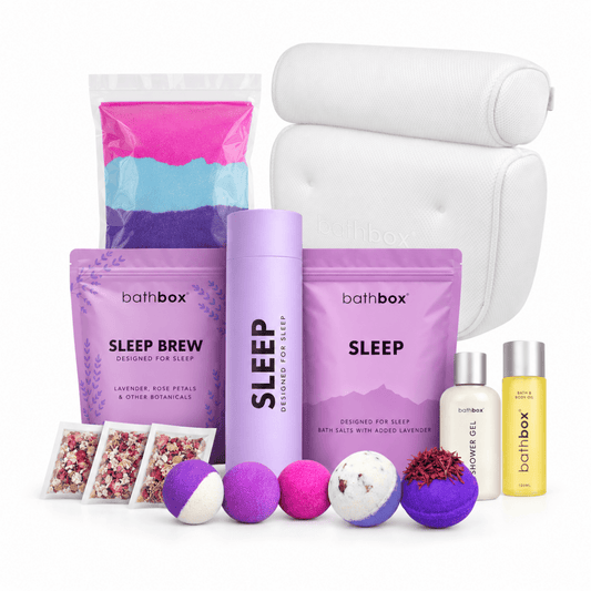 Sleep Luxury Set with Bath Pillow, Cashmere Silk oil, bath bombs, brew, salts, shower gel and bath dust