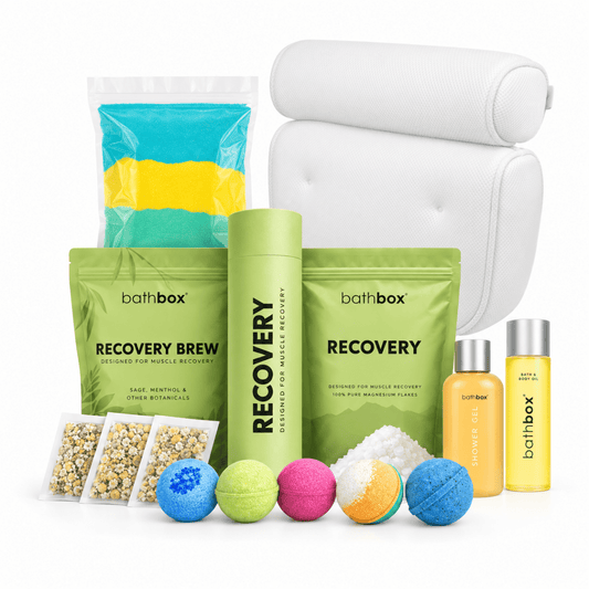Recovery Luxury Set with Bath Pillow, Lemongrass Ginger oil, bath bombs, brew, salts, shower gel and bath dust