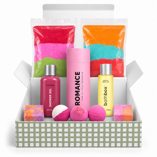Romance Gift Box in a sage gingham gift box with pink bath bombs, oil, steamers, shower gel and bath dust