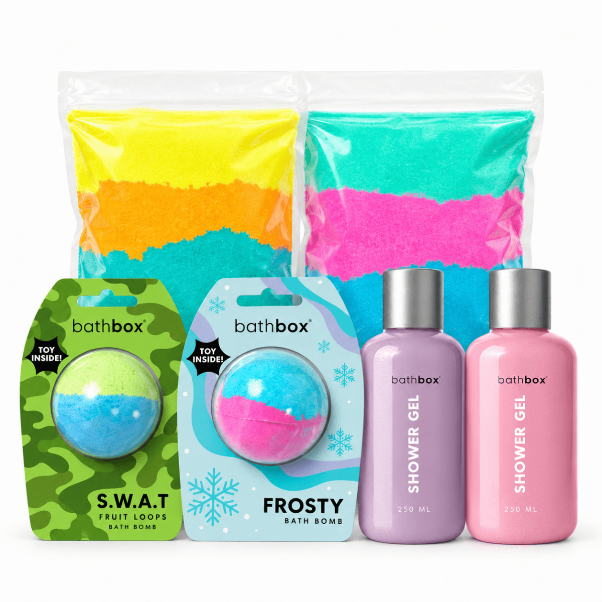 Little Adventurers Mega Set with SWAT and Frosty Fizzer bath bombs, Bubblegum and Fairy Bread shower gels and two bath dusts