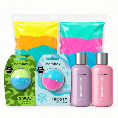 Little Adventurers Mega Set with SWAT and Frosty Fizzer bath bombs, Bubblegum and Fairy Bread shower gels and two bath dusts