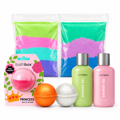 Little Sparkle Mega Set with Princess Fizzer, Topaz and Pearl bath bombs, two shower gels and two bath dusts