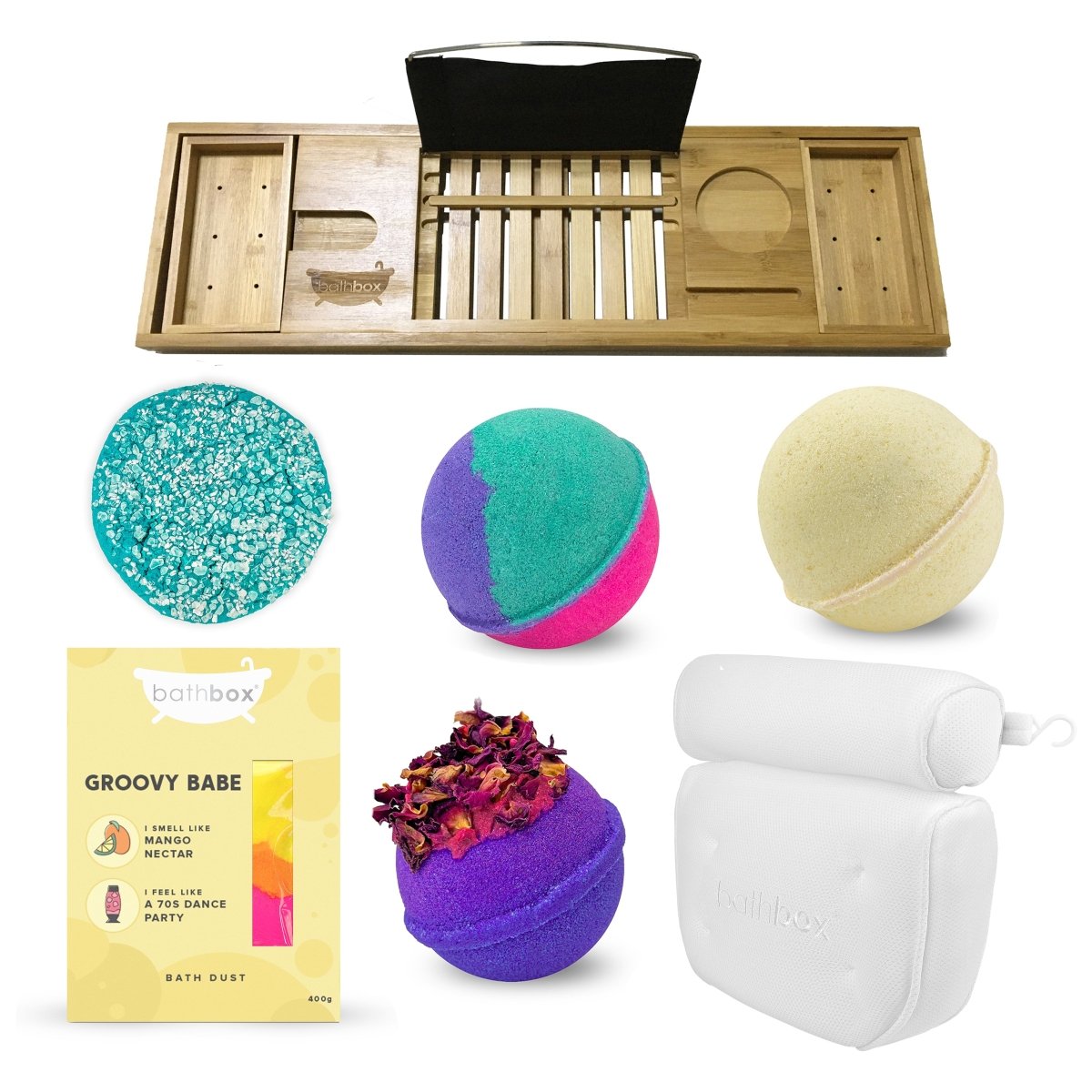 Best Sellers Bath Gift Set - Bath Pillow & Bath Caddy, Bath Bombs, Bubble Bar & Dust by Bath Box Australia