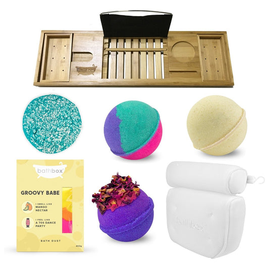 Best Sellers Bath Gift Set - Bath Pillow & Bath Caddy, Bath Bombs, Bubble Bar & Dust by Bath Box Australia