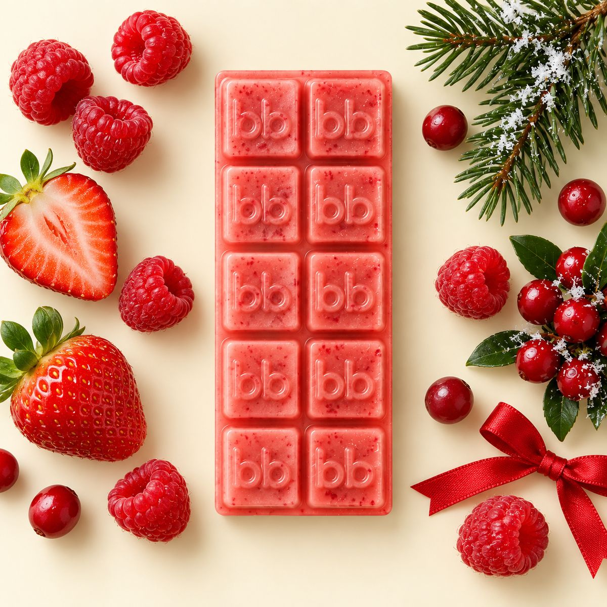Berry Christmas Melts pink soy wax bar with raspberries, strawberries, cranberries and pine