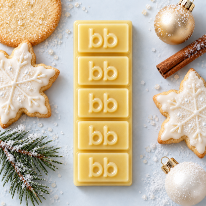 White Christmas Melts ivory soy wax bar with iced snowflake cookies, cinnamon and pine