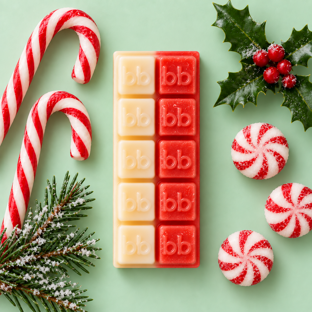 Candy Cane Lane Melts ivory and red soy wax bar with candy canes, peppermints and holly