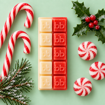 Candy Cane Lane Melts ivory and red soy wax bar with candy canes, peppermints and holly