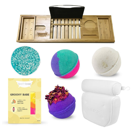 Best Sellers Bath Gift Set - Bath Pillow & Bath Caddy, Bath Bombs, Bubble Bar & Dust by Bath Box Australia