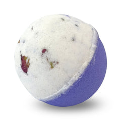 Counting Sheep bedtime bath bomb, white and purple with rose petals