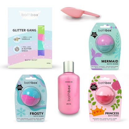 Girl Toy Bath Bomb, Glitter Bath Dust & Bubble Bath Gift Set Bundle by Bath Box Australia