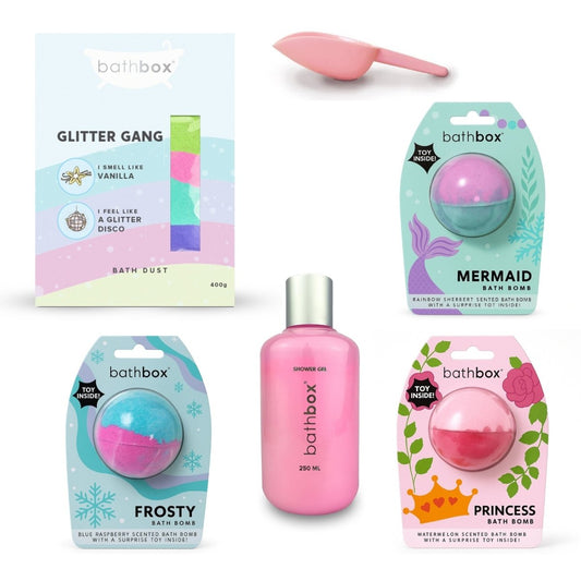 Girl Toy Bath Bomb, Glitter Bath Dust & Bubble Bath Gift Set Bundle by Bath Box Australia