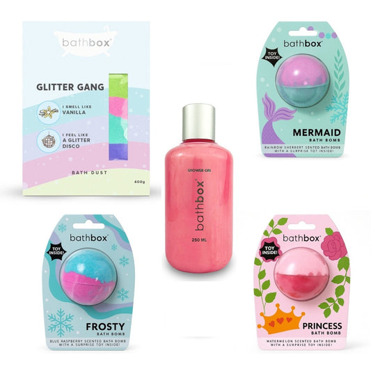 Girl Toy Bath Bomb, Glitter Bath Dust & Bubble Bath Gift Set Bundle by Bath Box Australia