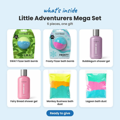 What's inside the Little Adventurers Mega Set: SWAT Fizzer bath bomb, Frosty Fizzer bath bomb, Bubblegum shower gel, Fairy Bread shower gel, Monkey Business bath dust and Lagoon bath dust