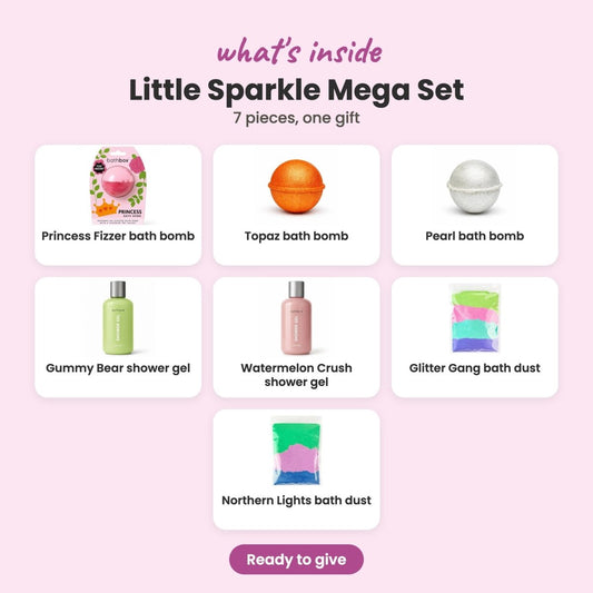 What's inside the Little Sparkle Mega Set: Princess Fizzer bath bomb, Topaz bath bomb, Pearl bath bomb, Gummy Bear shower gel, Watermelon Crush shower gel, Glitter Gang bath dust and Northern Lights bath dust