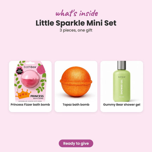What's inside the Little Sparkle Mini Set: Princess Fizzer bath bomb, Topaz bath bomb and Gummy Bear shower gel