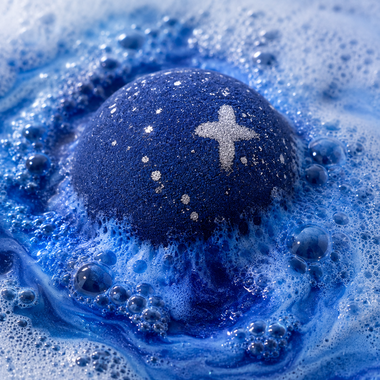 Midnight Calm Crisp Linen Bath Bomb fizzing in water by Bath Box