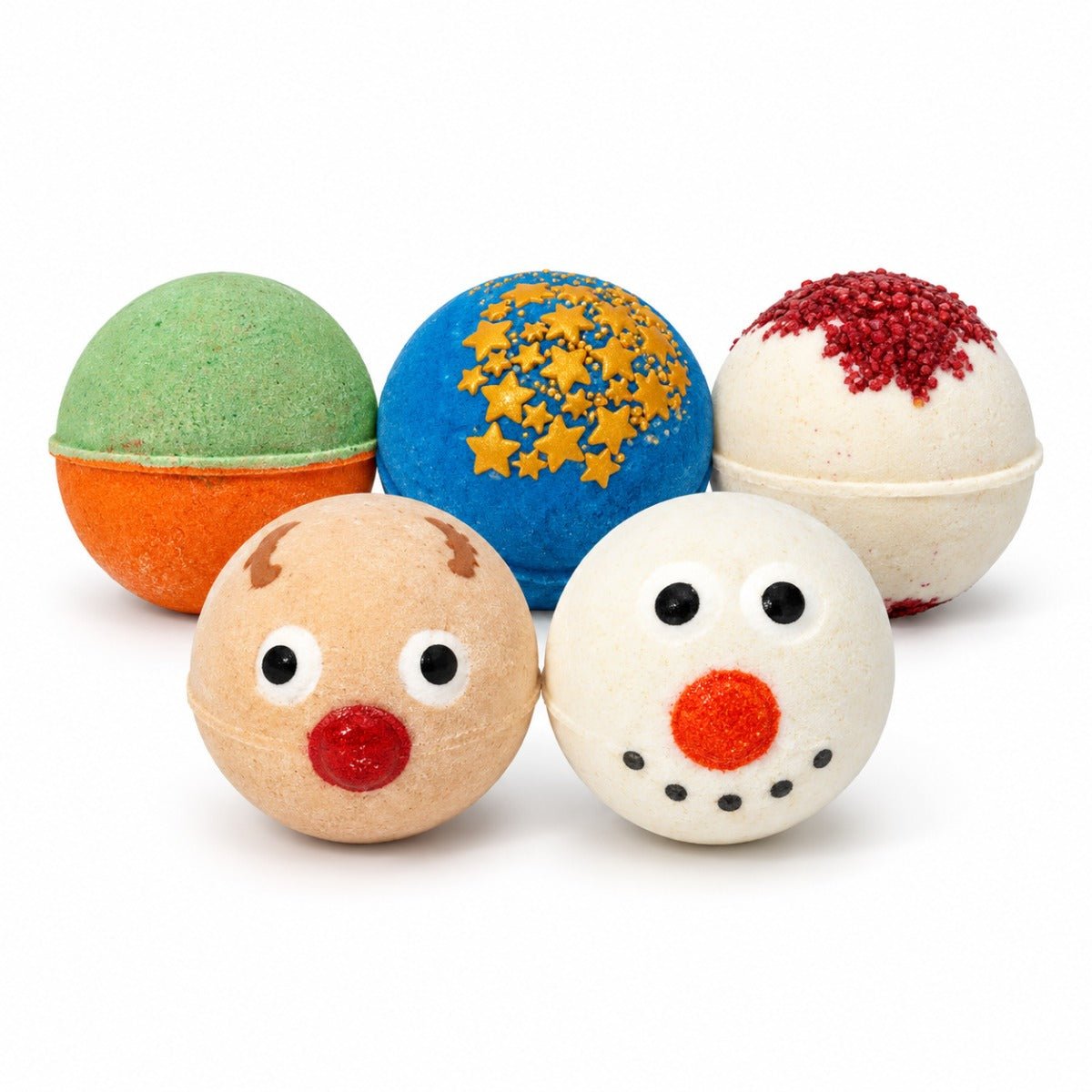 Christmas Bath Bomb Pack with Rowdy Rudolph, Mr Snowman, Silent Night, Naughty or Nice and Humbug bath bombs