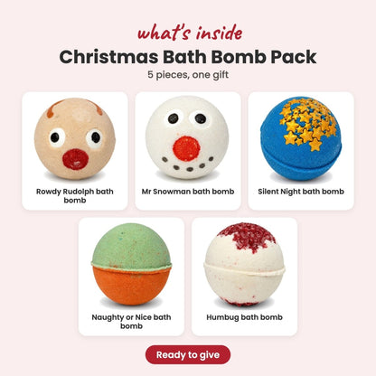 What's inside the Christmas Bath Bomb Pack: Rowdy Rudolph, Mr Snowman, Silent Night, Naughty or Nice and Humbug bath bombs