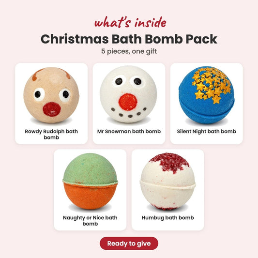 What's inside the Christmas Bath Bomb Pack: Rowdy Rudolph, Mr Snowman, Silent Night, Naughty or Nice and Humbug bath bombs