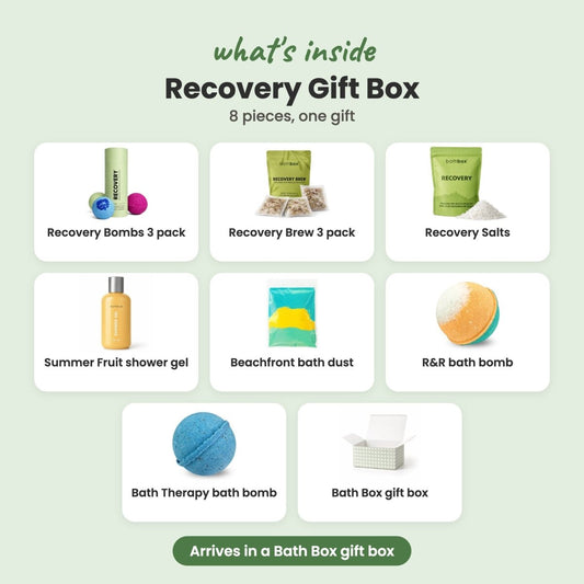 What's inside the Recovery Gift Box: Recovery Bombs 3 pack, Recovery Brew 3 pack, Recovery Salts, Summer Fruit shower gel, Beachfront bath dust, R&R bath bomb, Bath Therapy bath bomb and Bath Box gift box