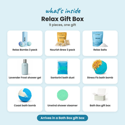 What's inside the Relax Gift Box: Relax Bombs 3 pack, Nourish Brew 3 pack, Relax Salts, Lavender Frost shower gel, Santorini bath dust, Stress Fix bath bomb, Coast bath bomb, Unwind shower steamer and Bath Box gift box
