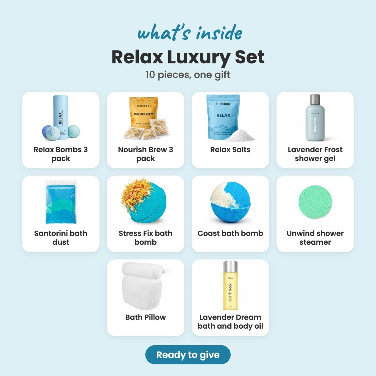 What's inside the Relax Luxury Set: Relax Bombs 3 pack, Nourish Brew 3 pack, Relax Salts, Lavender Frost shower gel, Santorini bath dust, Stress Fix bath bomb, Coast bath bomb, Unwind shower steamer, Bath Pillow and Lavender Dream bath and body oil