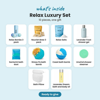 What's inside the Relax Luxury Set: Relax Bombs 3 pack, Nourish Brew 3 pack, Relax Salts, Lavender Frost shower gel, Santorini bath dust, Stress Fix bath bomb, Coast bath bomb, Unwind shower steamer, Bath Pillow and Lavender Dream bath and body oil