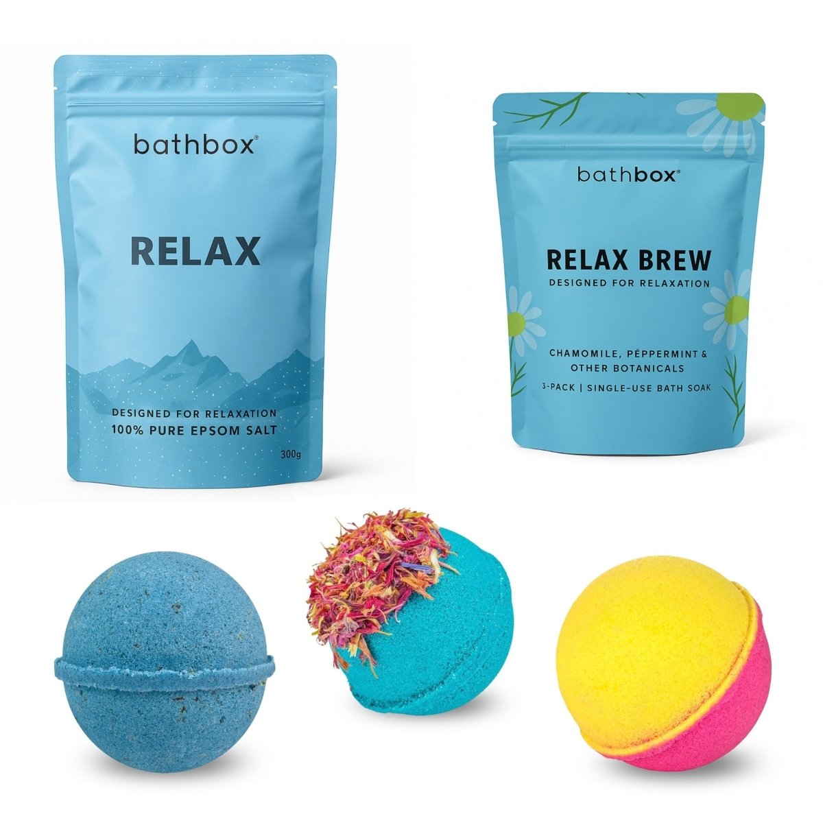 Relax & De-Stress Bath Gift Set - Bath Bombs, Salts & Soaks by Bath Box Australia