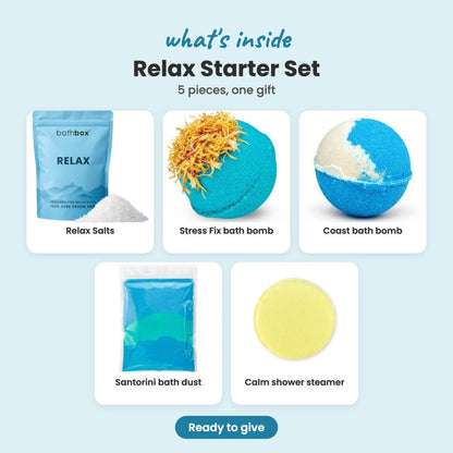 What's inside the Relax Starter Set: Relax Salts, Stress Fix bath bomb, Coast bath bomb, Santorini bath dust and Calm shower steamer
