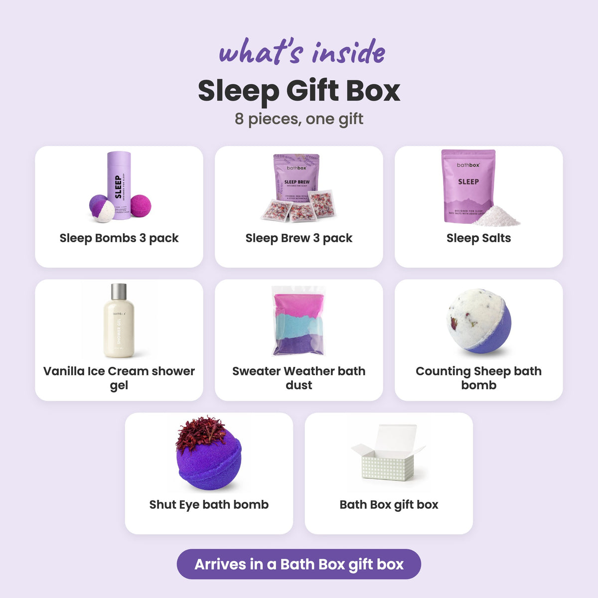 What's inside the Sleep Gift Box: Sleep Bombs 3 pack, Sleep Brew 3 pack, Sleep Salts, Vanilla Ice Cream shower gel, Sweater Weather bath dust, Counting Sheep bath bomb, Shut Eye bath bomb and Bath Box gift box