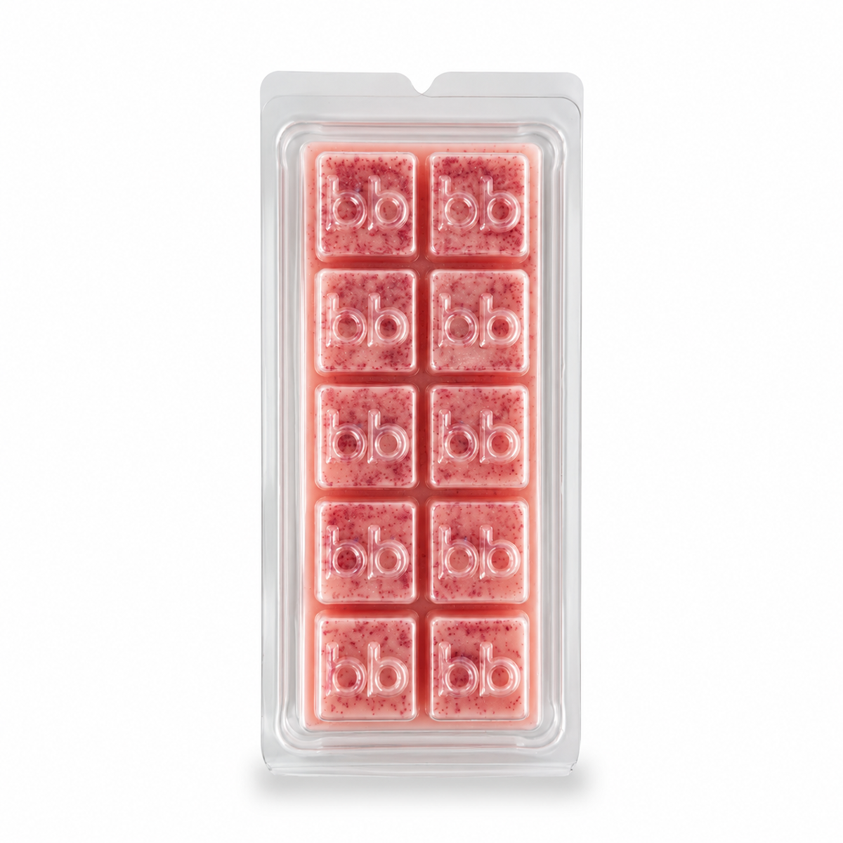 Berry Christmas raspberry and strawberry soy wax melts in a clear clamshell pack, speckled pink cubes embossed with the Bath Box logo