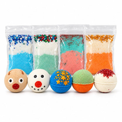 Ultimate Christmas Bath Set with five Christmas bath bombs and four Christmas bath dust bags